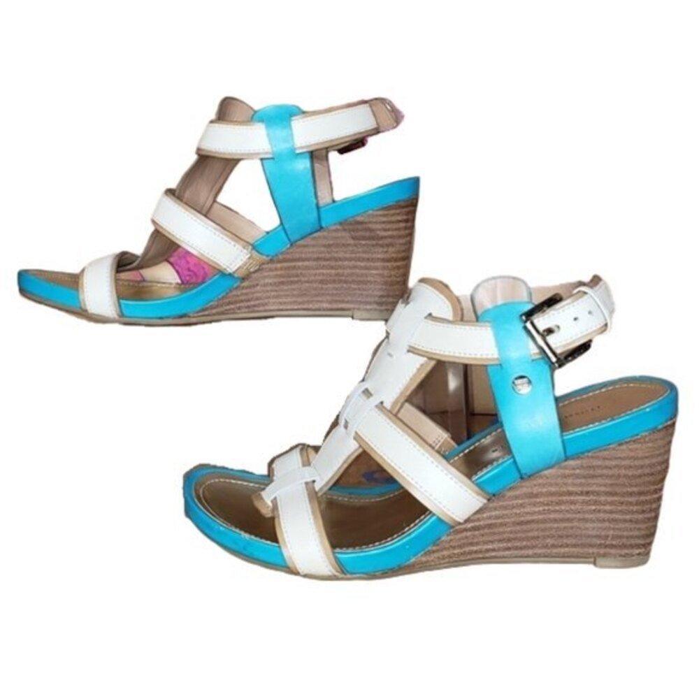 TOMMY HILFIGER ICON TURQUOISE & WHITE LEATHER WEDGE SANDALS SIZE 6.5